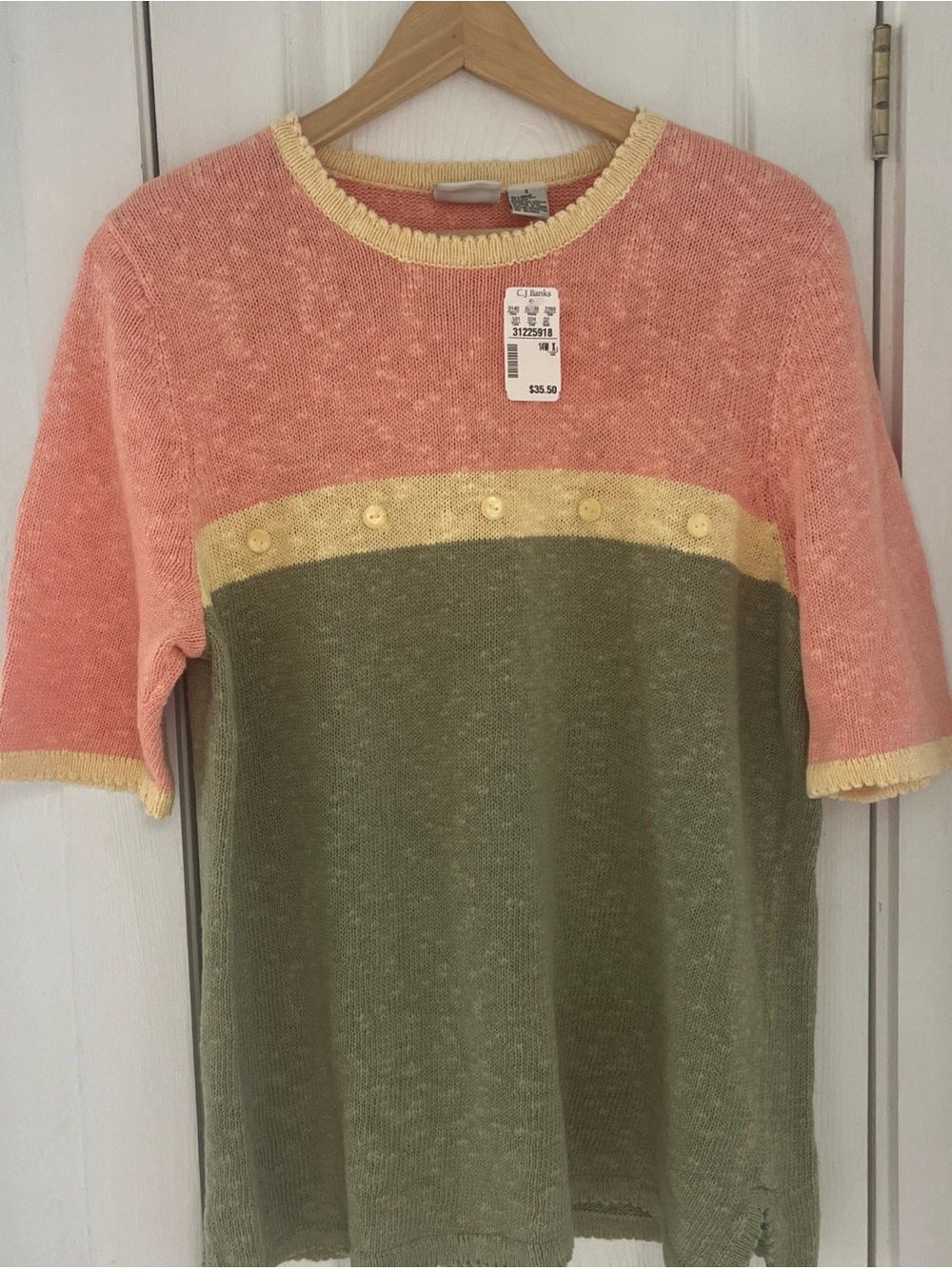 Christopher & Banks Peach and Olive Short Sleeve Knit Top with Yellow Trim